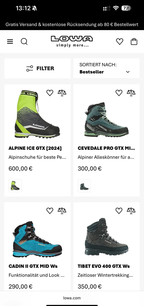 Mobile Lowa E-Commerce-Oberfläche mit einer Auflistung von Outdoorschuhen und Bergstiefeln
