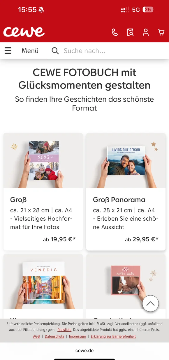 Mobile CEWE E-Commerce-Oberfläche mit verschiedenen Fotobuch-Formaten, darunter „Groß“ und „Groß Panorama“, inklusive Preisangaben und beschreibenden Details für personalisierte Fotoprodukte