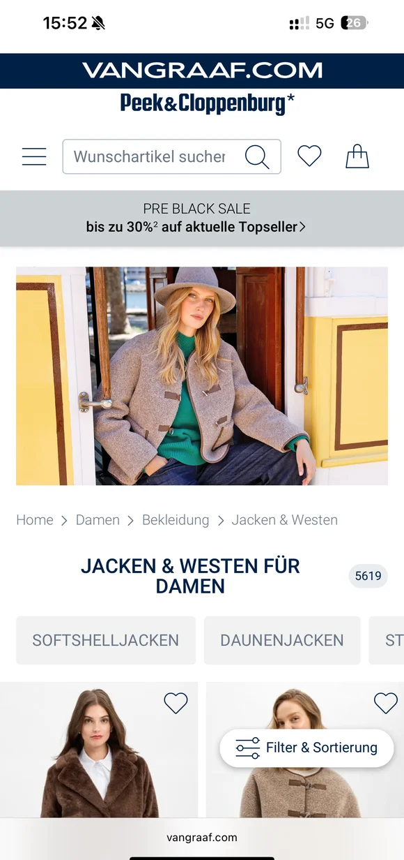 Mobile VANGRAAF.COM E-Commerce-Oberfläche mit einer Produktliste für Damenjacken und Westen, einem „PRE BLACK SALE“-Banner sowie einem Lifestyle-Bild eines Models in Wolljacke und Hut