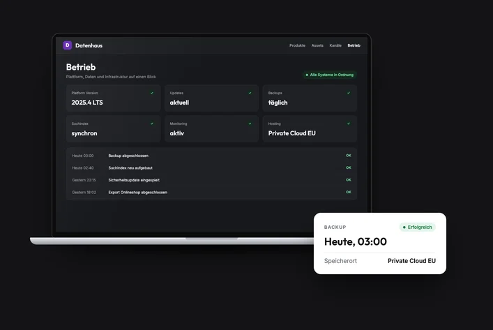 Dashboard mit Betriebsstatus einer Pimcore-Plattform: Version, Updates, Backups, Suchindex und Monitoring