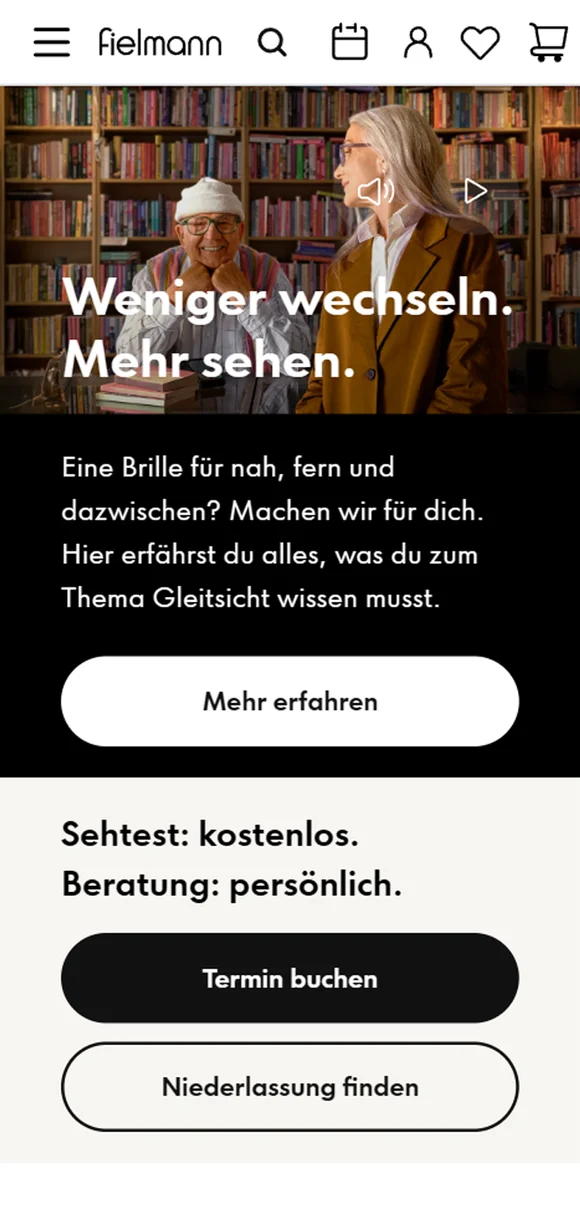 Mobile Fielmann-Benutzeroberfläche mit Informationen zu Gleitsichtbrillen sowie Optionen zur Buchung eines kostenlosen Sehtests oder zur Filialsuche