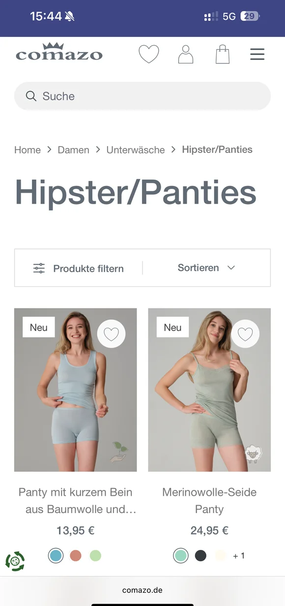 Mobile Comazo E-Commerce-Oberfläche mit einer Produktliste für Damen-Unterwäsche, einschließlich „Panty mit kurzem Bein“ und „Merinowolle-Seide Panty“ mit Preisangaben und Farbauswahl