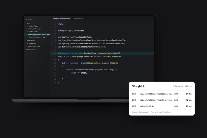 Code editor with a Symfony controller and a profiler panel showing Storyblok API requests
