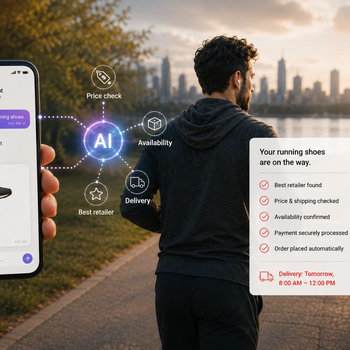 A person jogging with a smartphone displaying an AI assistant finding and ordering running shoes, with delivery details shown.