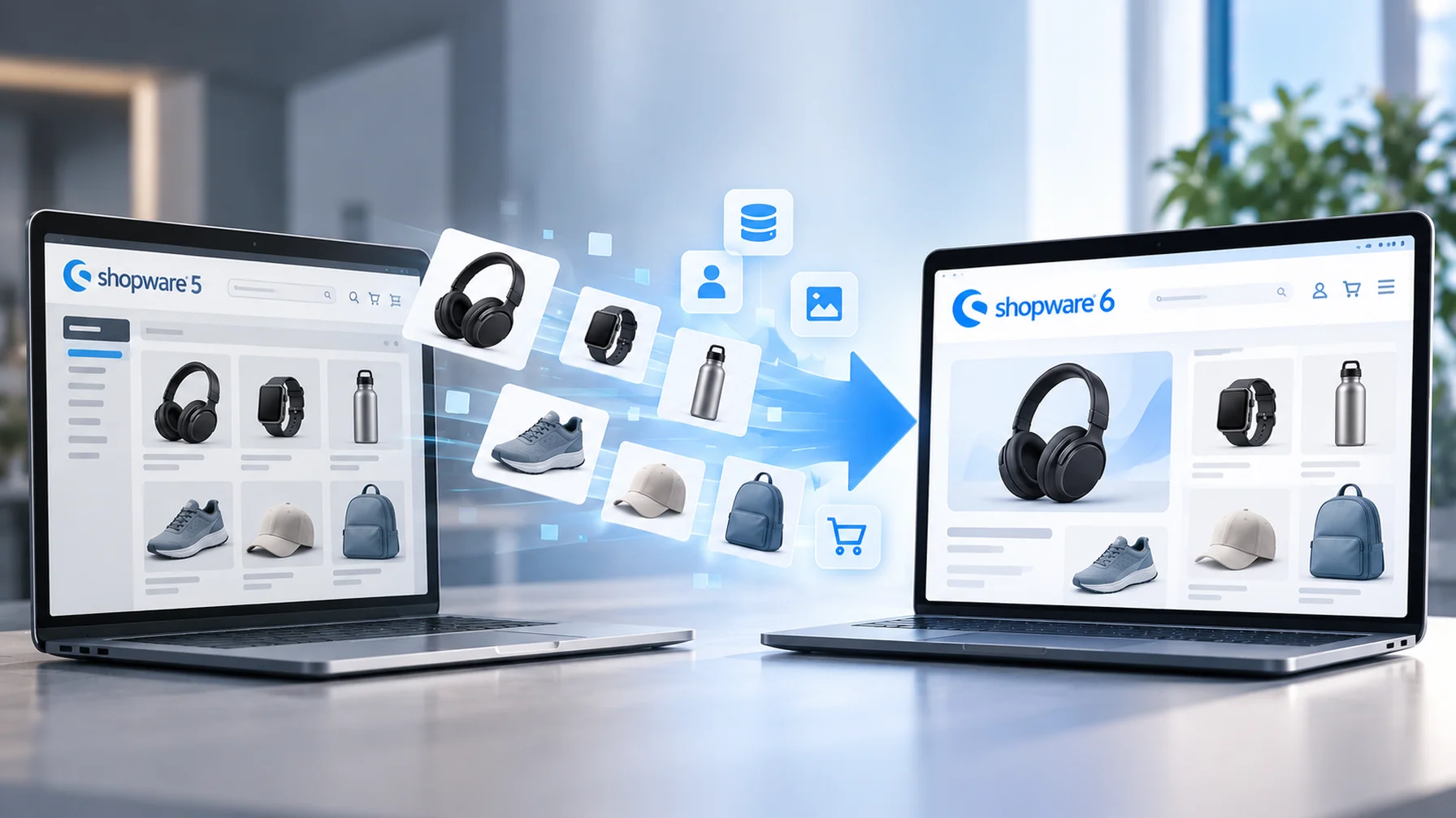 Two laptops displaying Shopware 5 and Shopware 6, with icons of products transferring between them, illustrating software upgrade.