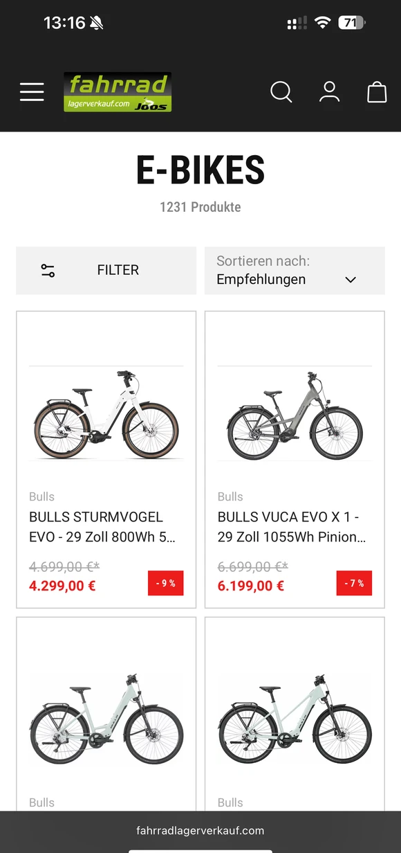Mobile Fahrradlagerverkauf E-Commerce-Oberfläche mit einer Auflistung verschiedener Bulls E-Bikes