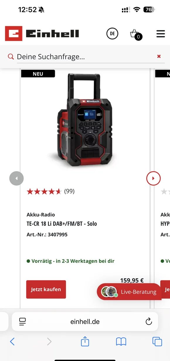 Mobile Einhell E-Commerce-Oberfläche mit der Produktseite für das Akku-Radio TE-CR 18 Li
