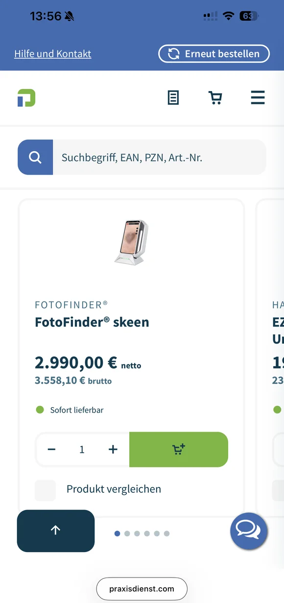 Mobile Praxisdienst E-Commerce-Oberfläche mit der Produktseite für das medizinische Bildgebungssystem FotoFinder skeen