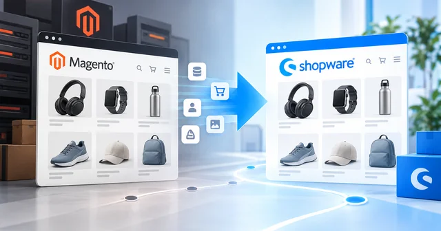 Two digital storefronts for Magento and Shopware with product listings. An arrow indicates data transfer between them, symbolizing e-commerce migration.