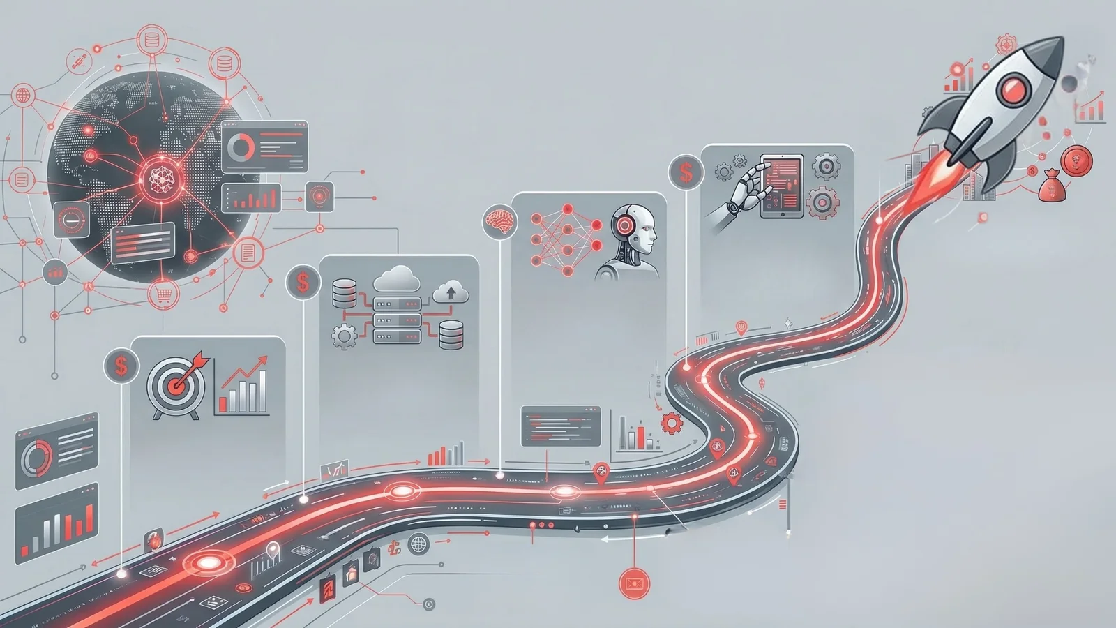 A futuristic infographic with a rocket moving along a digital path, depicting data, AI, technology, and innovation themes.