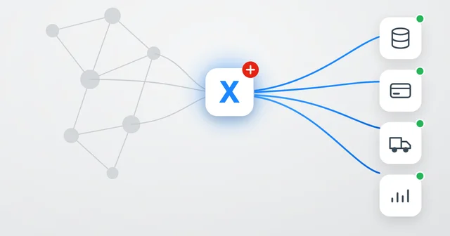 Flowchart with a central "X" linking to icons representing a database, credit card, delivery truck, and analytics, symbolizing data integration.