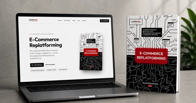 Laptop displaying "E-Commerce Replatforming" guide cover next to a physical copy, with circuit-themed design.